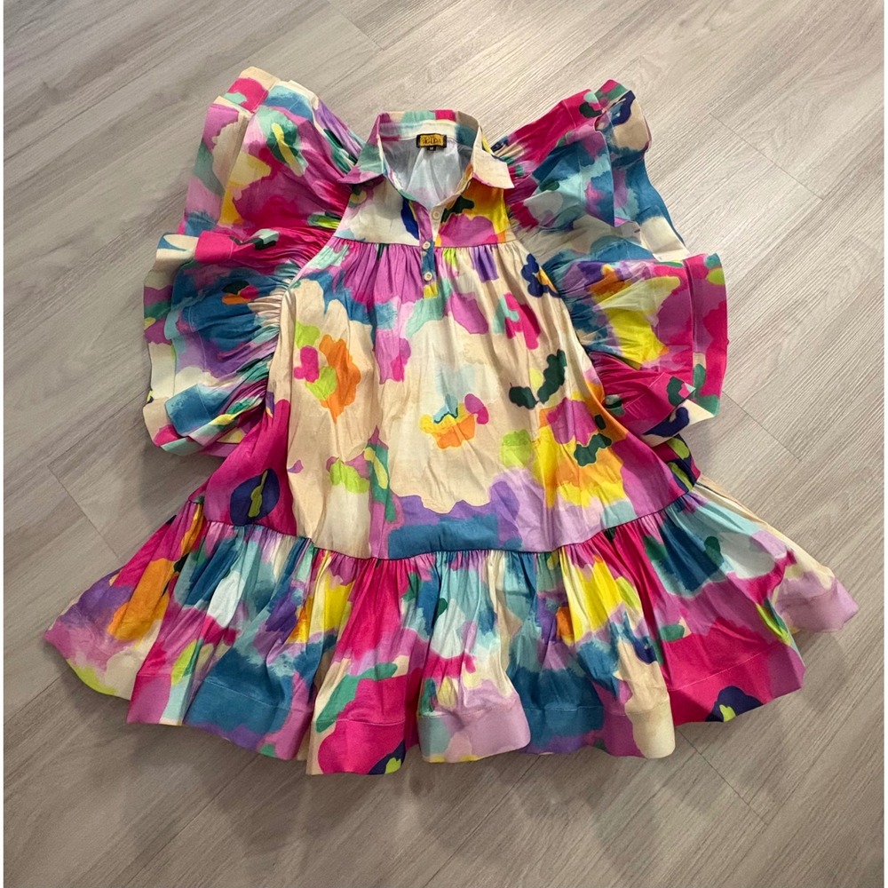 Love Highlight Dress Women Abstract Floral Ruffle Butterfly Sleeve Babydoll M - Picture 2 of 15